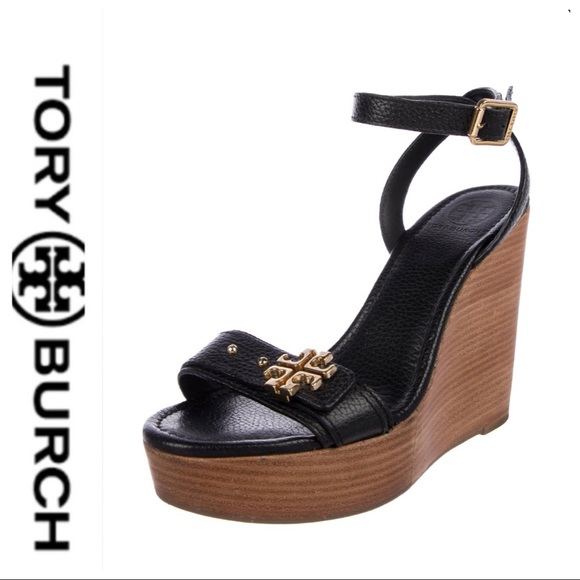 Tory Burch Shoes - 💕SALE💕 Tory Burch Black Leather Logo Wedges